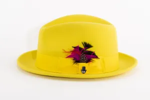 Ferrecci Brooks Trilby Soft 100% Australian Wool Felt Body with Removable Feather Fully Crushable yellow hat Great for Travel