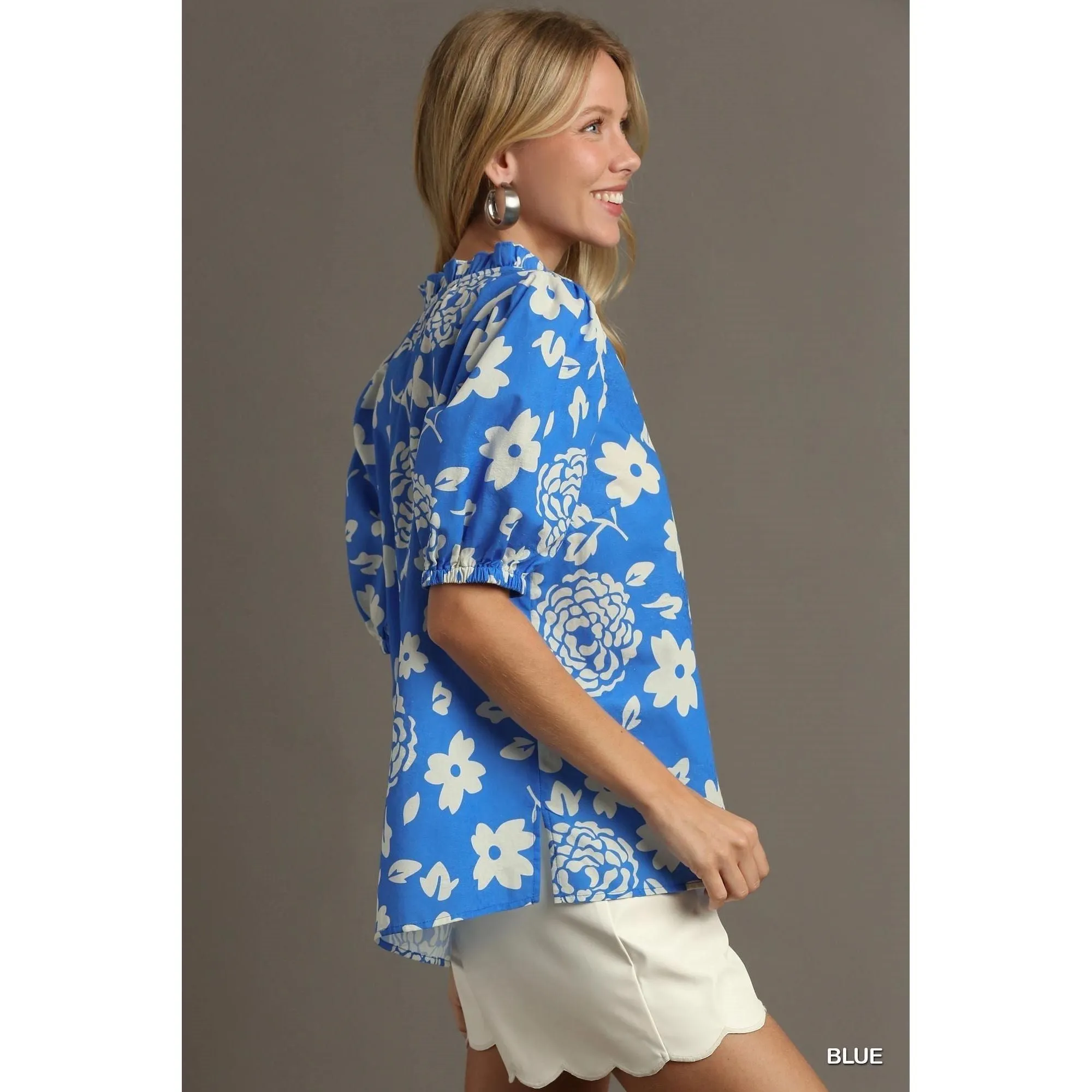 Floral Print Ruffle V-Neck Puff Sleeve Blouse