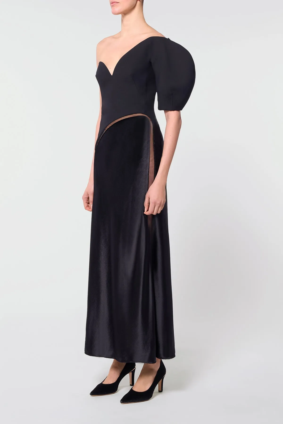 Giulia Maxi Dress in Black Wool Silk Cady & Silk Velvet