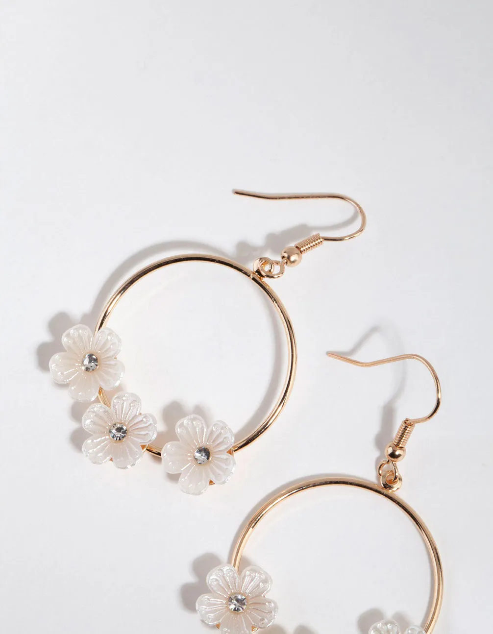 Gold Flower Embellished Hoop Drop Earrings