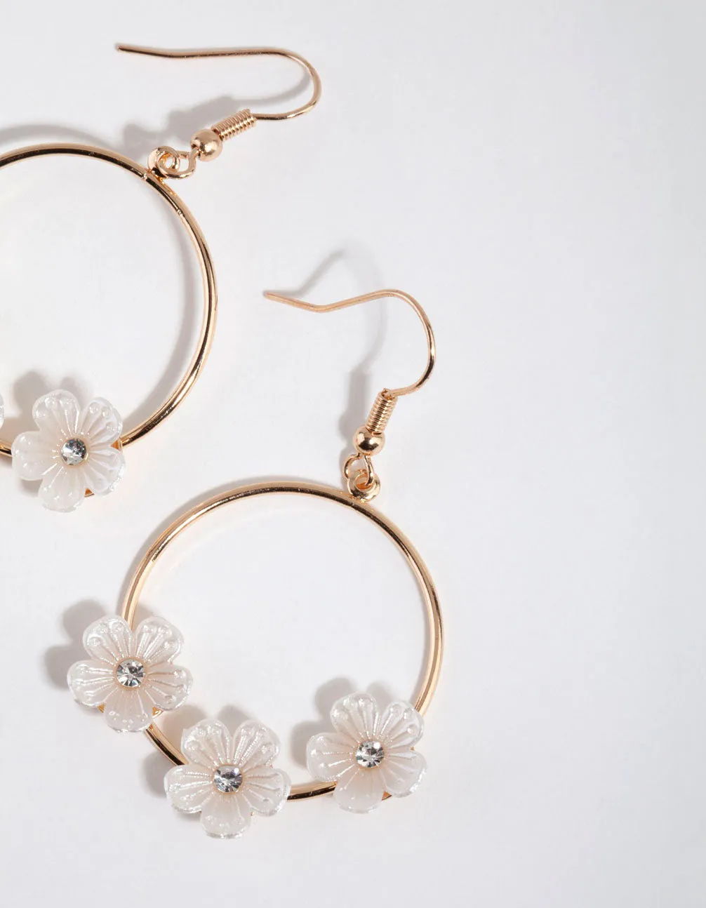 Gold Flower Embellished Hoop Drop Earrings