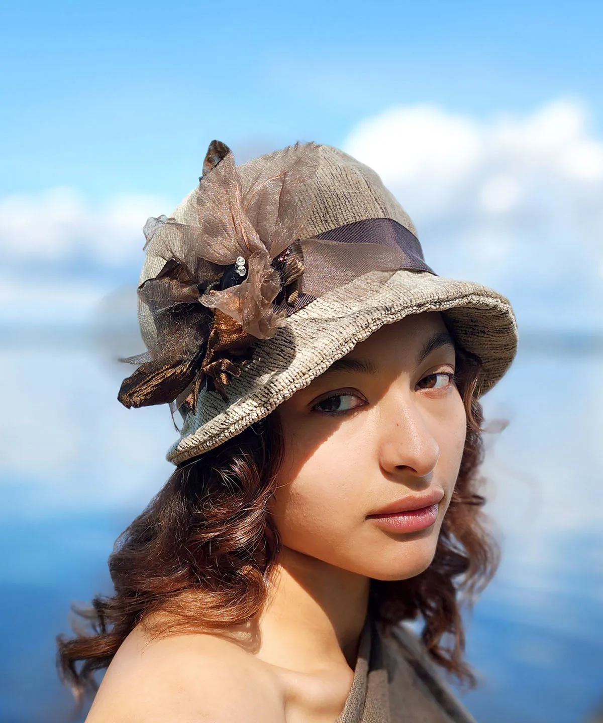 Grace Cloche Style Hat - Bongo in Beige Upholstery (Brown Flower Trim - Sold Out)