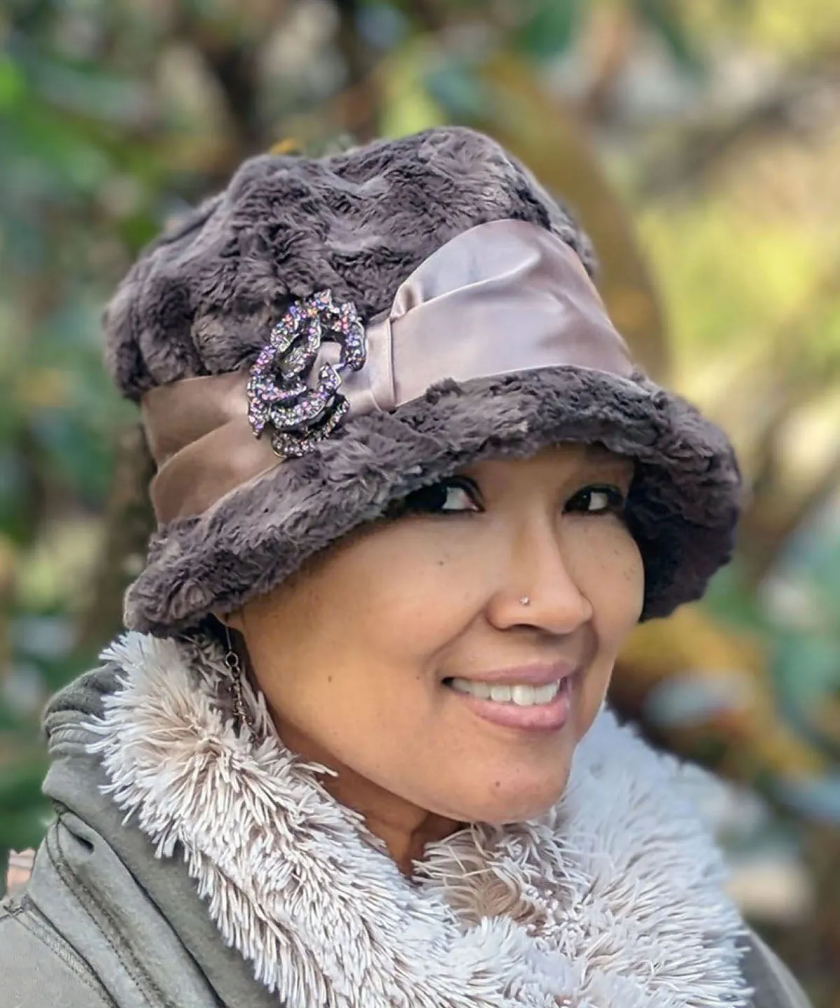 Grace Cloche Style Hat - Cuddly Faux Fur in Gray (Satin Band SA21-04CHM - Champagne Sash Sold Out!)