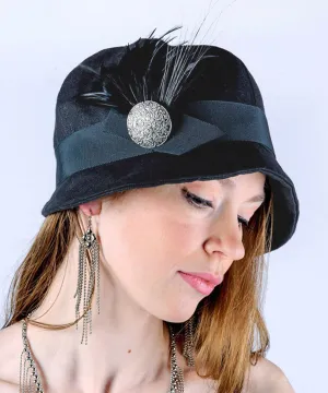 Grace Cloche Style Hat - Linen in Black (Avocado Trim - One Left!)