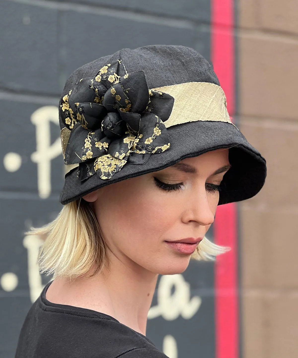 Grace Cloche Style Hat - Linen in Black (Avocado Trim - One Left!)