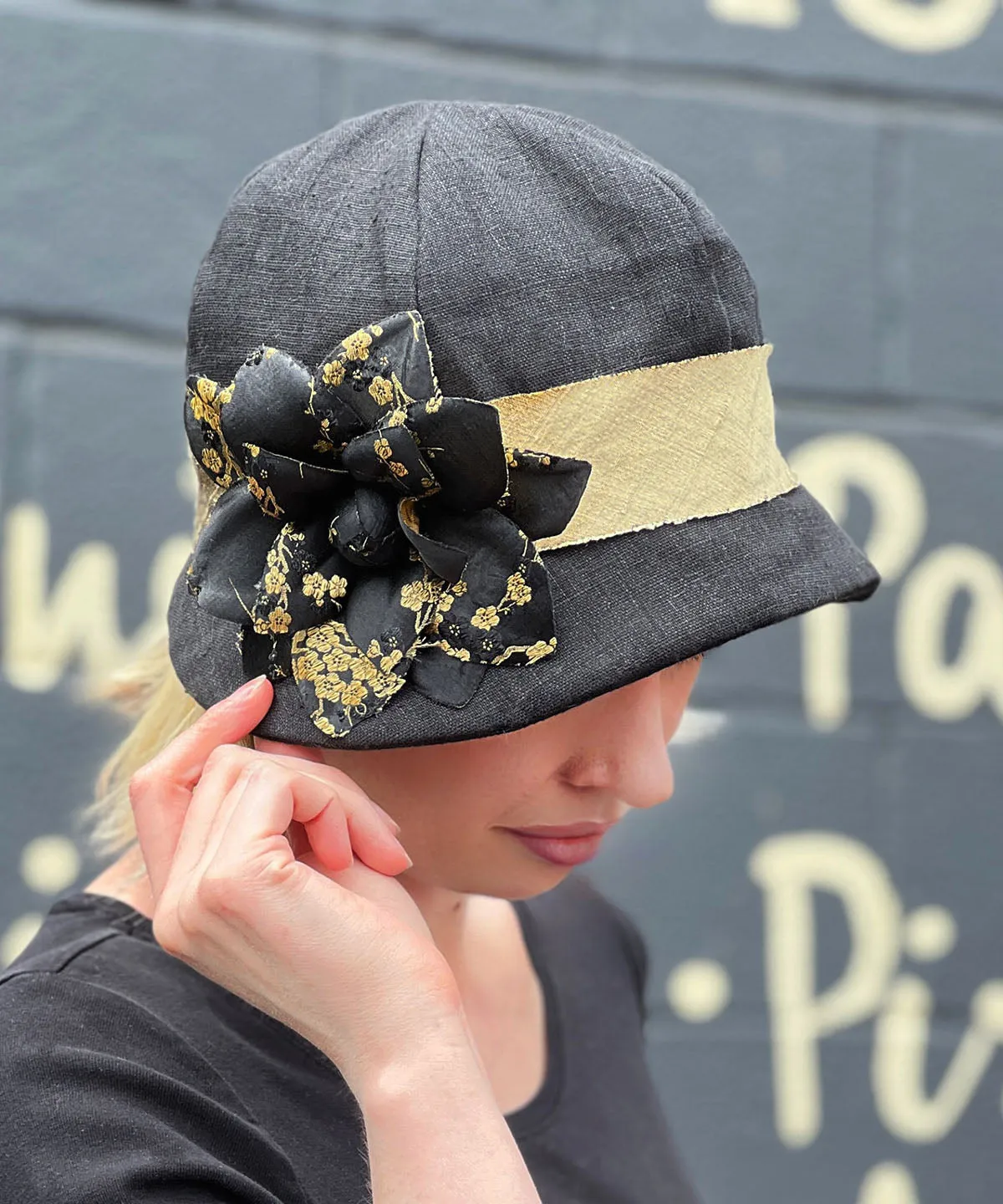 Grace Cloche Style Hat - Linen in Black (Avocado Trim - One Left!)