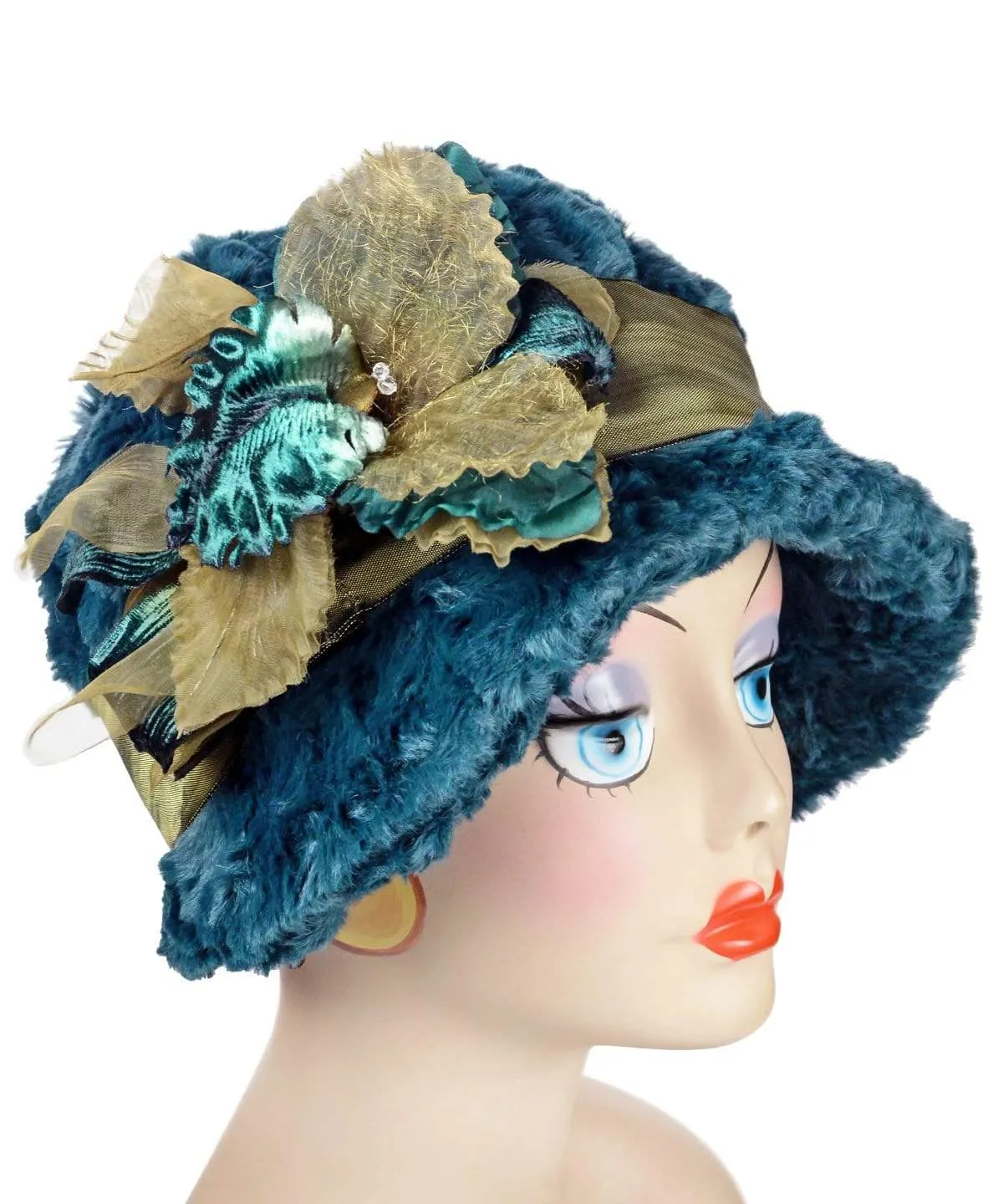 Grace Cloche Style Hat - Luxury Faux Fur in Peacock Pond