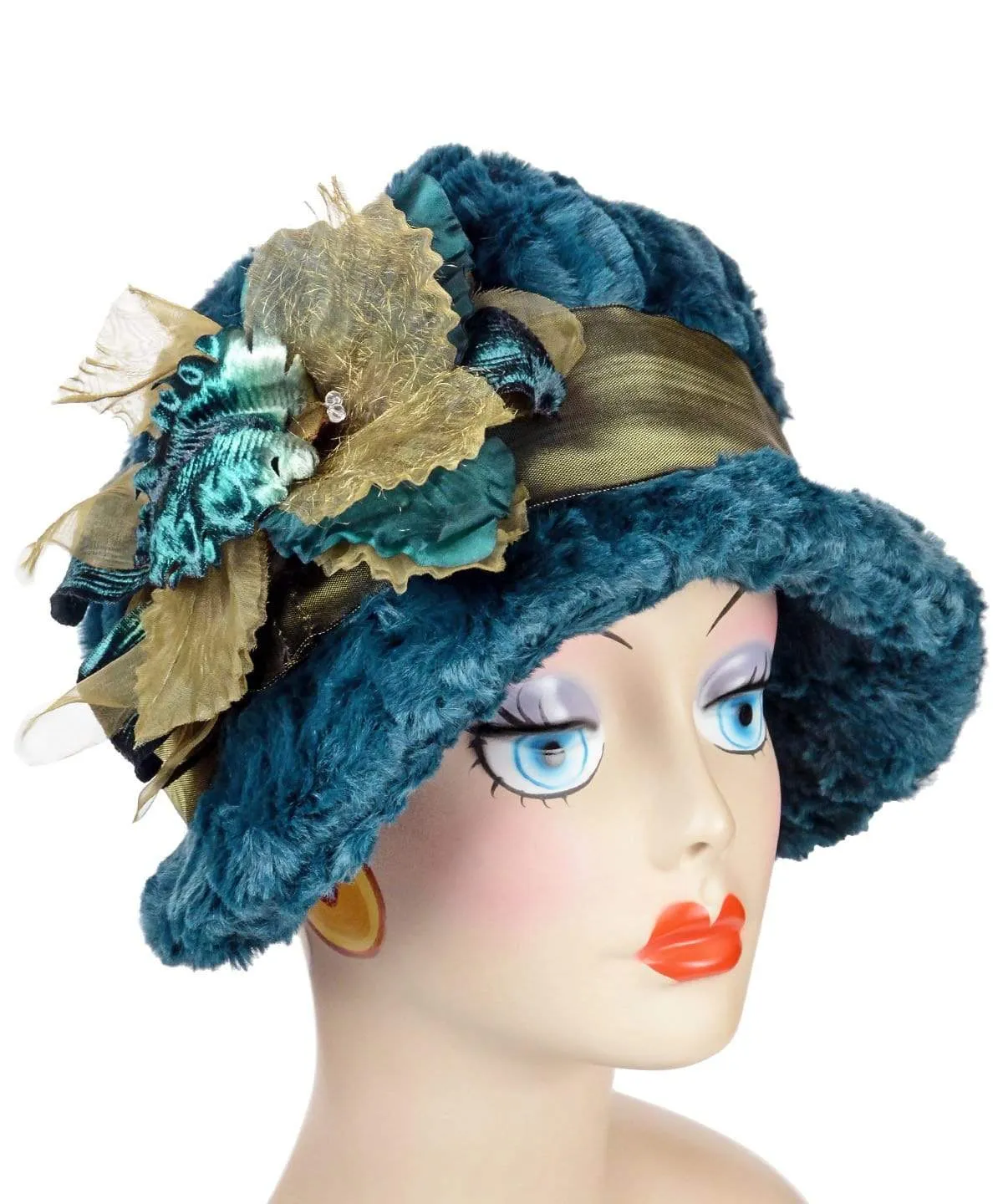 Grace Cloche Style Hat - Luxury Faux Fur in Peacock Pond