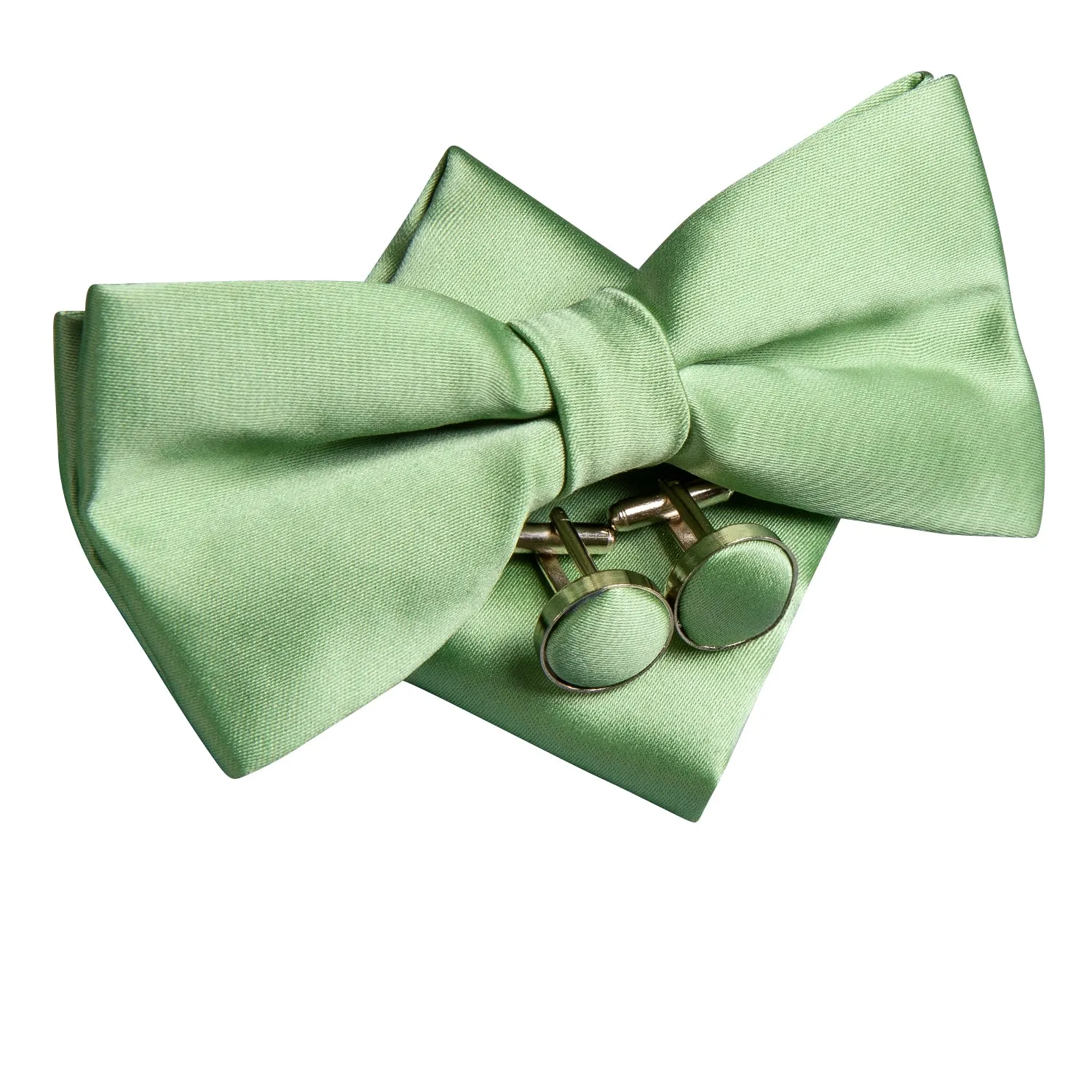 Grass Green Solid Pre-tied Bow Tie Hanky Cufflinks Set