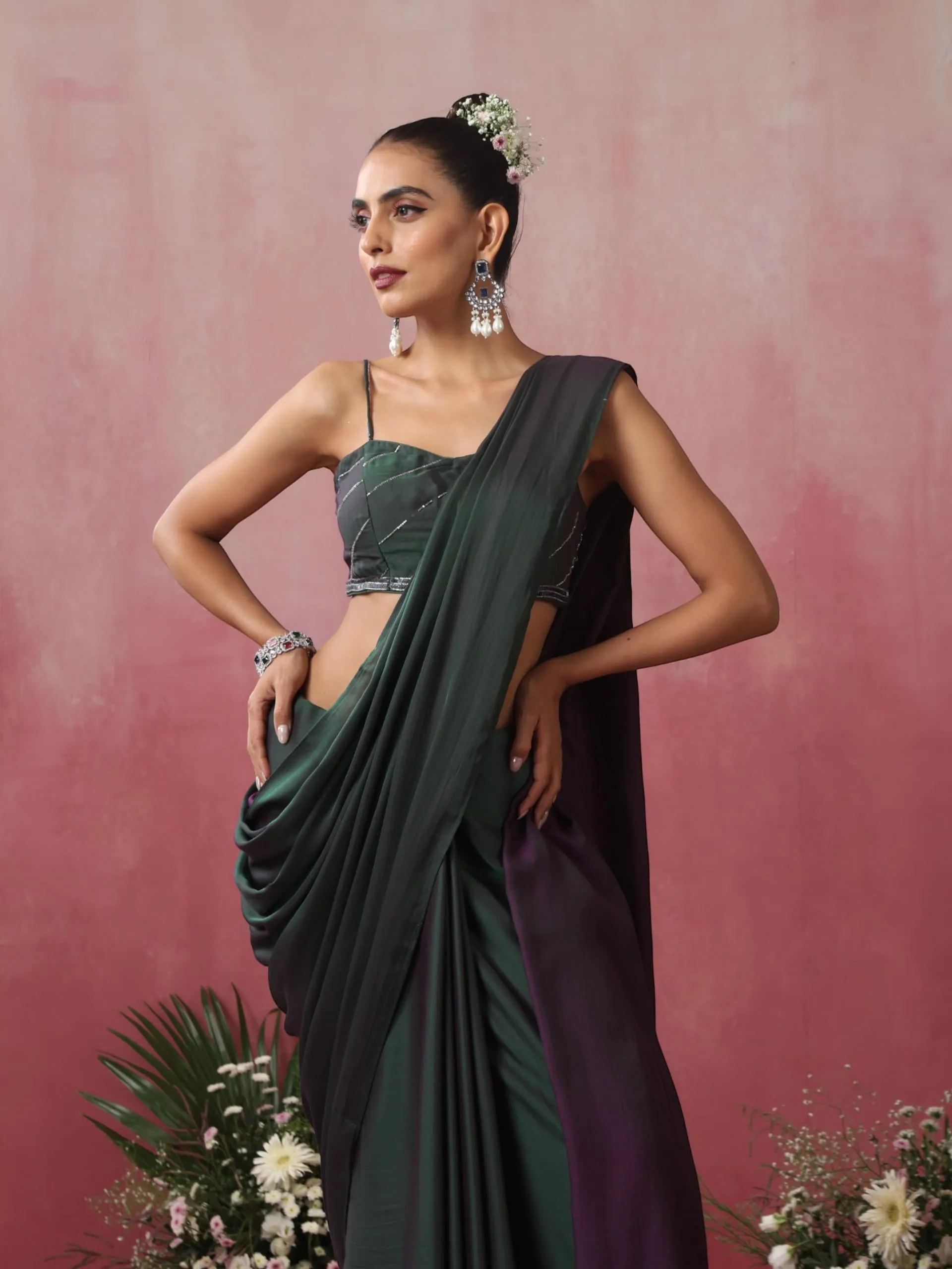 Green and Purple Soft Dual Shade Satin Saree with Hand Beaded Blouse Fabric