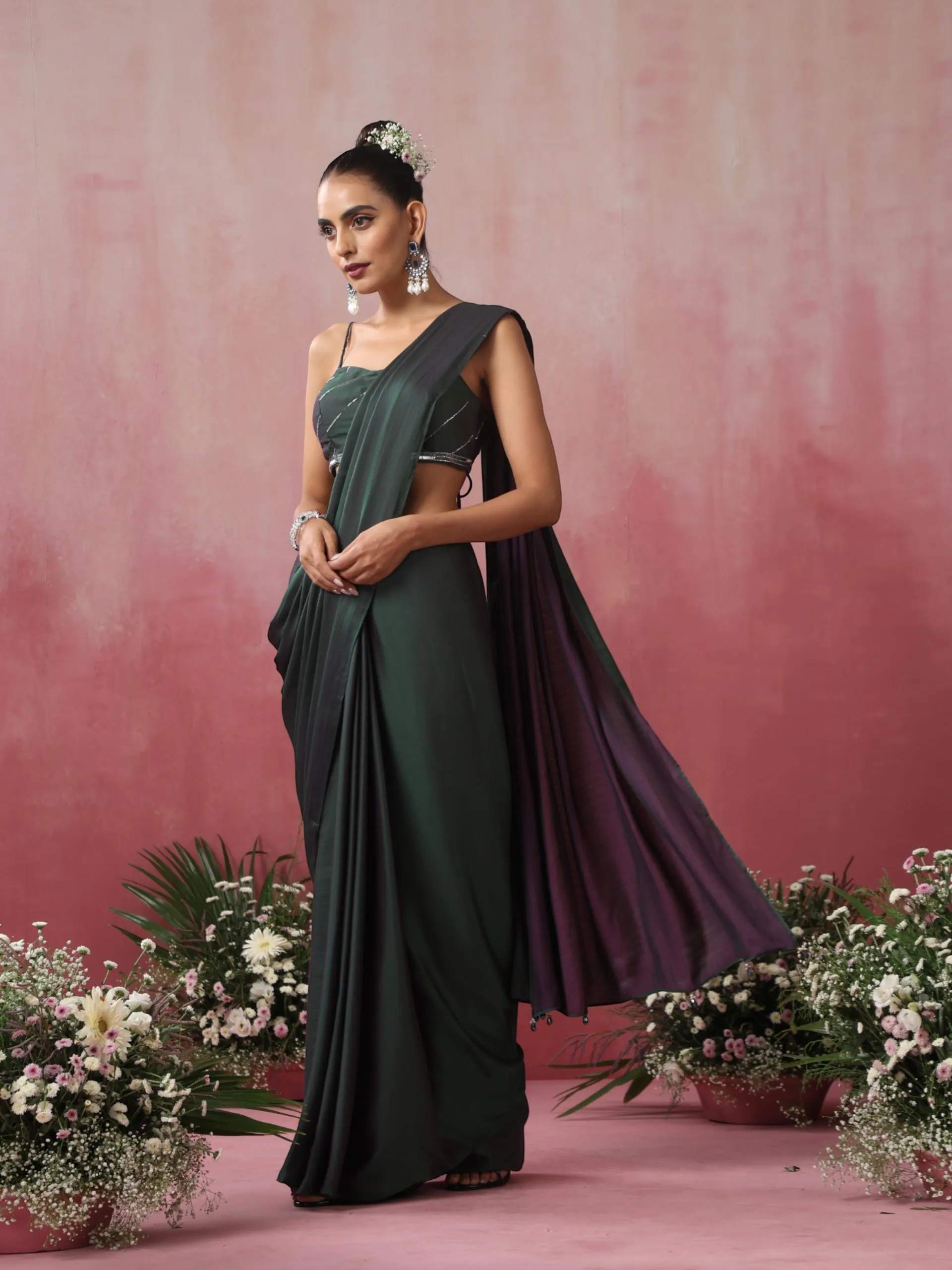 Green and Purple Soft Dual Shade Satin Saree with Hand Beaded Blouse Fabric