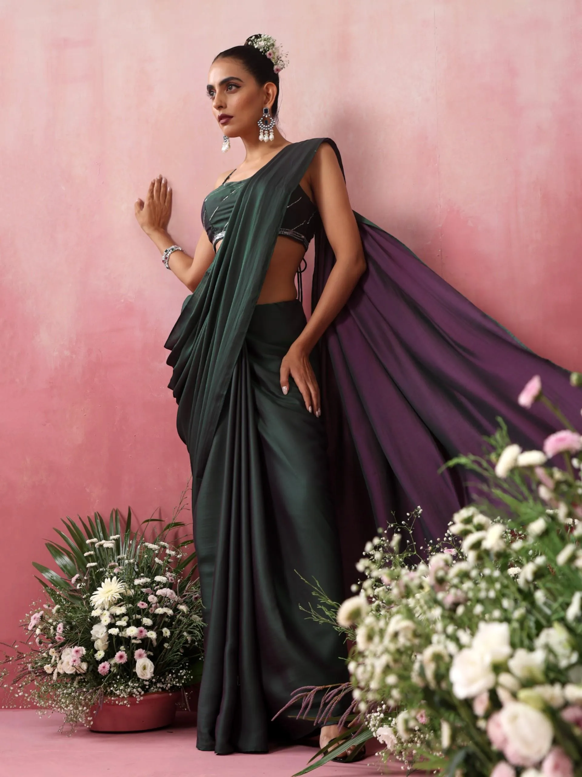 Green and Purple Soft Dual Shade Satin Saree with Hand Beaded Blouse Fabric