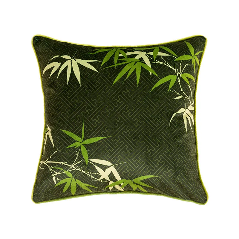 Green Chinese Style Auspicious Crane and Bamboo Series Throw Pillow