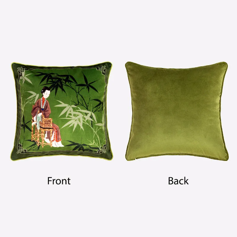 Green Chinese Style Auspicious Crane and Bamboo Series Throw Pillow