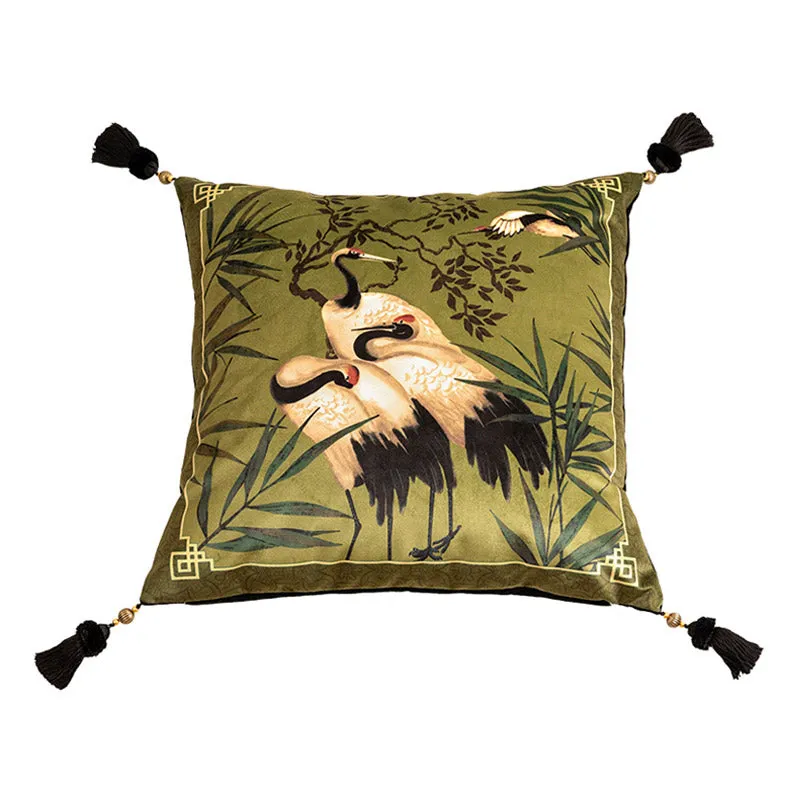 Green Chinese Style Auspicious Crane and Bamboo Series Throw Pillow