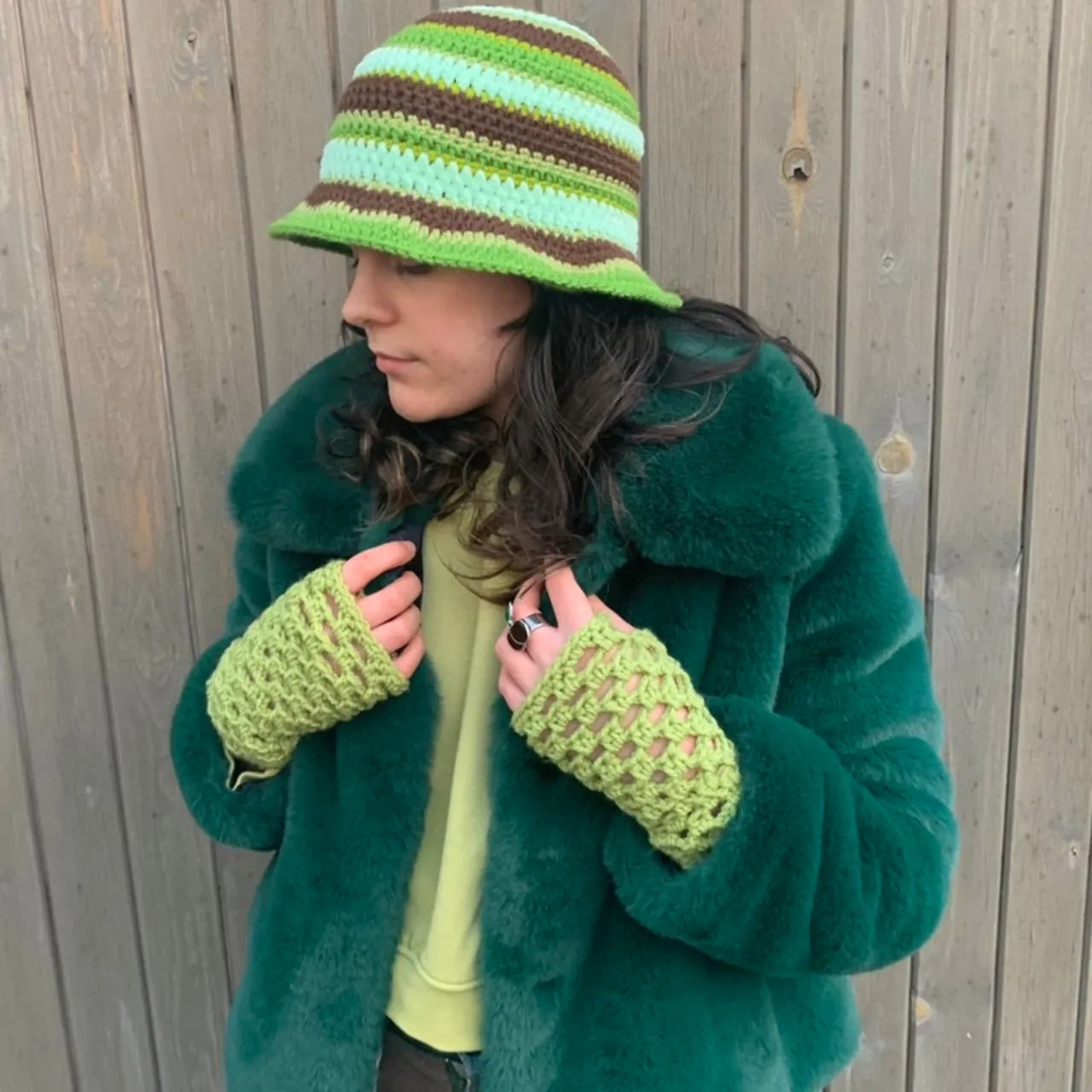 Handmade striped crochet bucket hat in green and brown