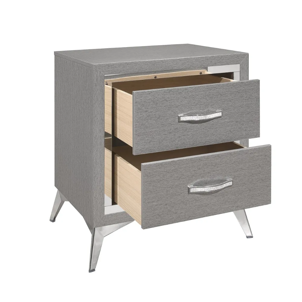 Haya 24 Inch 2 Drawer Nightstand, Embossed Smooth Gray Wood, Silver Trim By Casagear Home