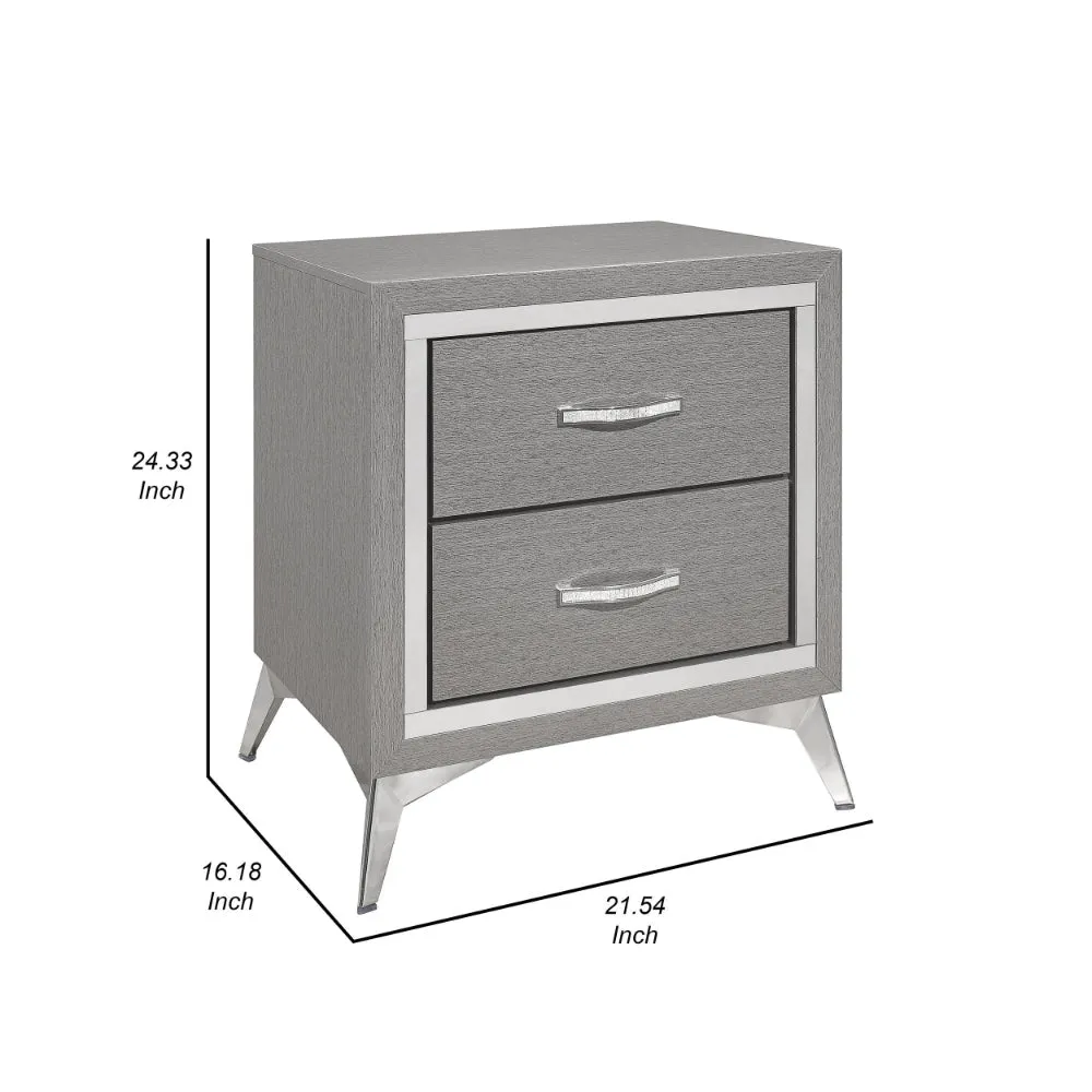 Haya 24 Inch 2 Drawer Nightstand, Embossed Smooth Gray Wood, Silver Trim By Casagear Home