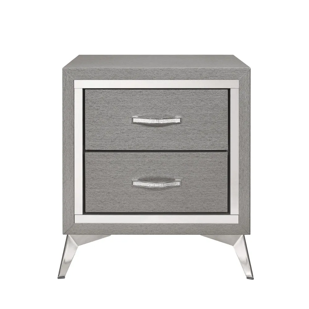 Haya 24 Inch 2 Drawer Nightstand, Embossed Smooth Gray Wood, Silver Trim By Casagear Home