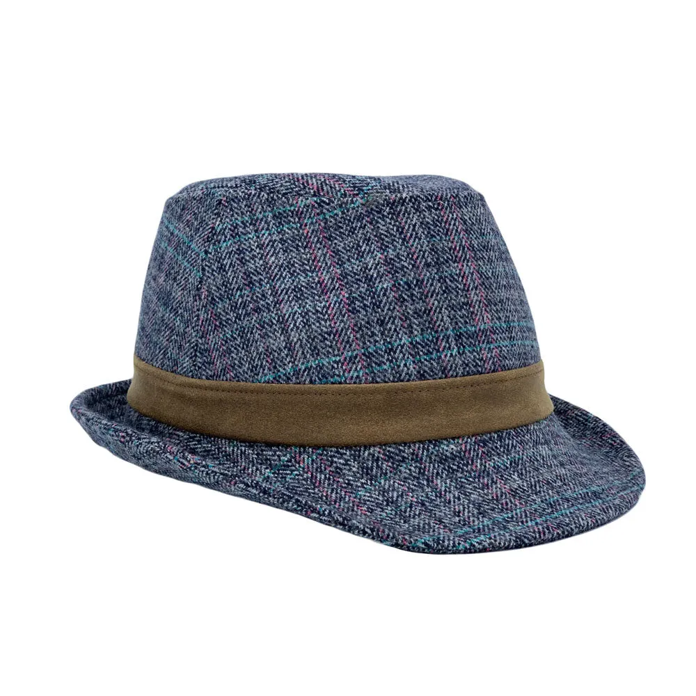 Herringbone Check Pattern Fedora Hat Wool Classic Trilby Short Brim LD61540