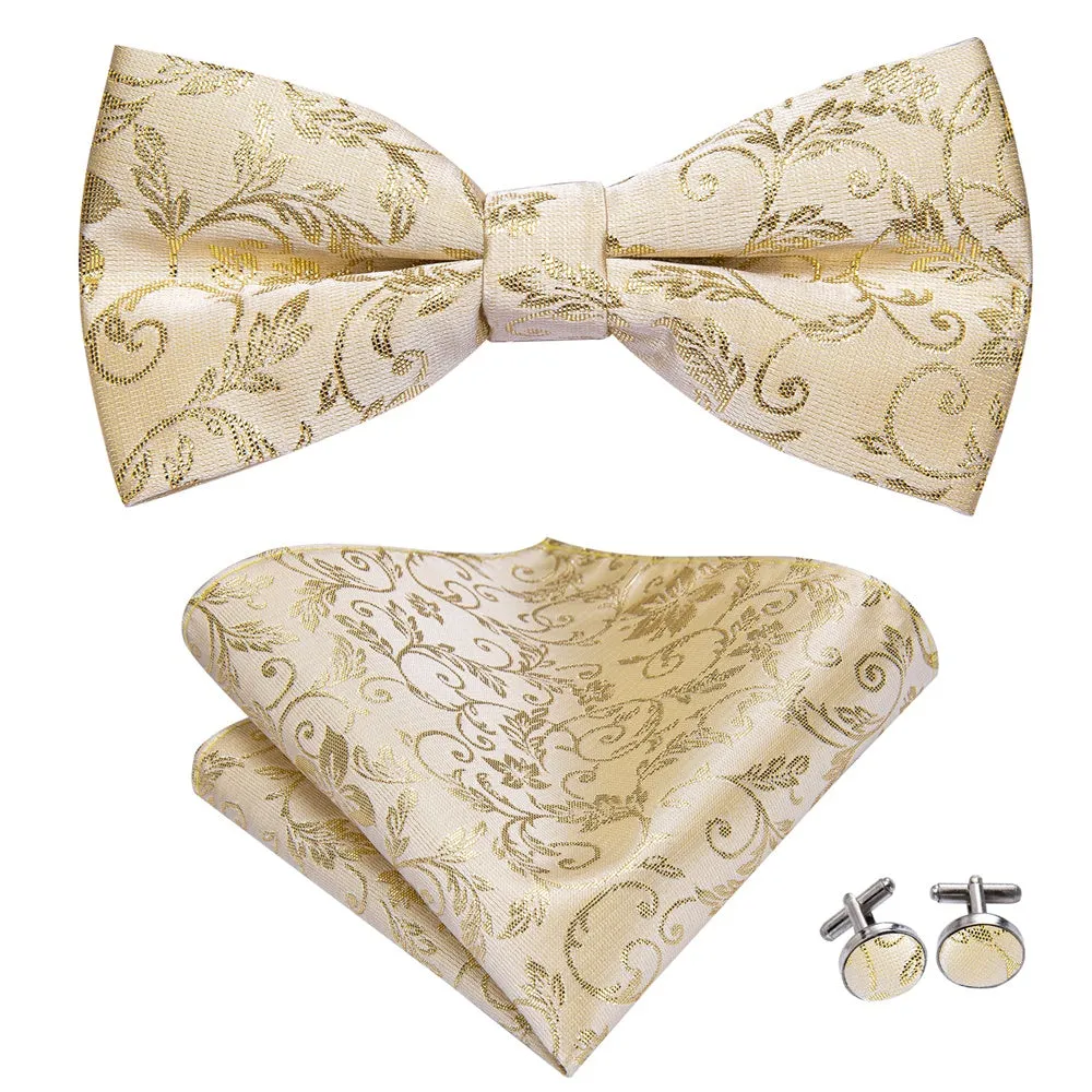 Hi-Tie Beige Gold Floral Pre-tied Men's Bow Tie Hanky Cufflinks Set