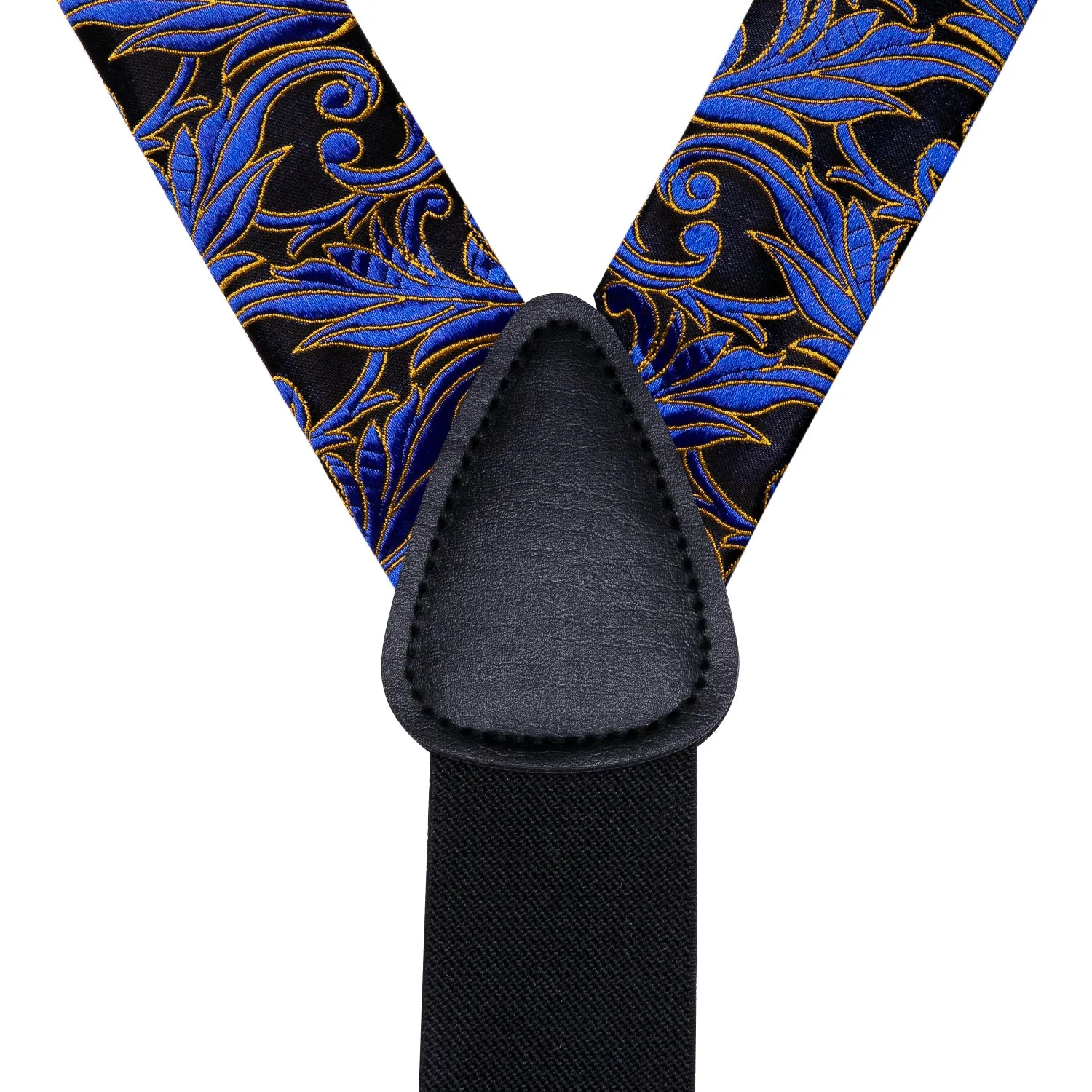 Hi-Tie Black Blue Floral Suspender Bowtie Pocket Square Cufflinks Set