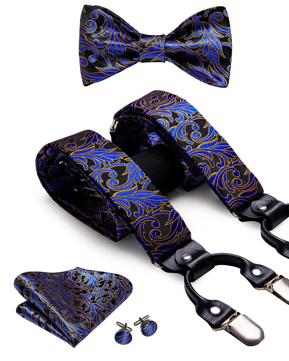 Hi-Tie Black Blue Floral Suspender Bowtie Pocket Square Cufflinks Set