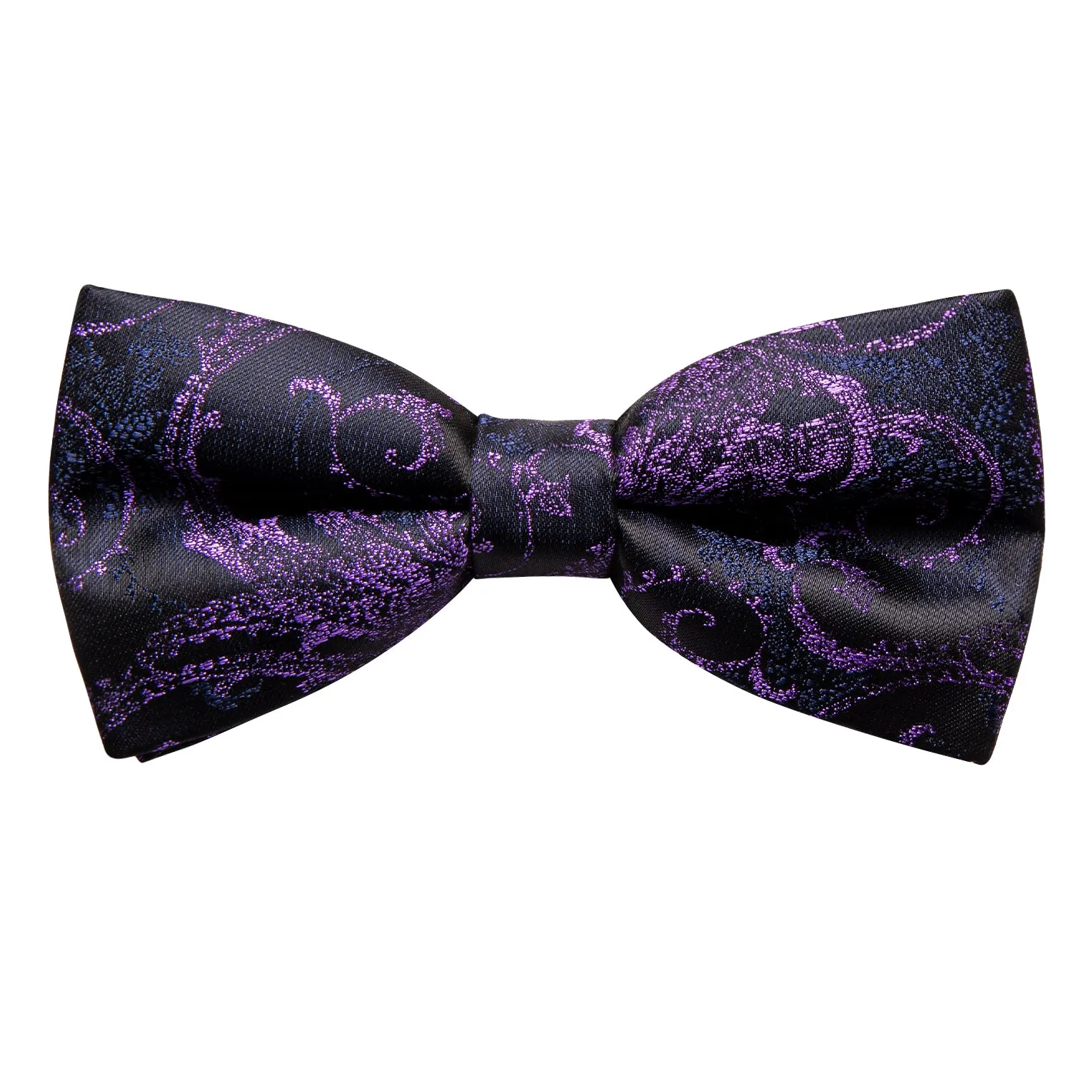 Hi-Tie Black Purple Blue Paisley Pre-tied Bow Tie Hanky Cufflinks Set