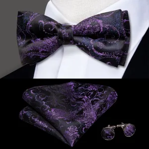 Hi-Tie Black Purple Blue Paisley Pre-tied Bow Tie Hanky Cufflinks Set