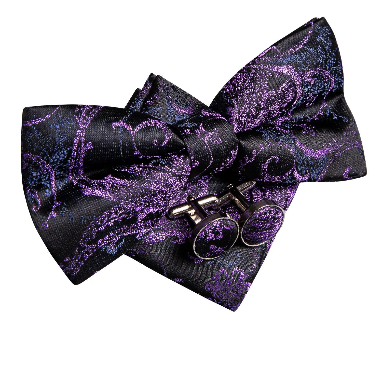 Hi-Tie Black Purple Blue Paisley Pre-tied Bow Tie Hanky Cufflinks Set