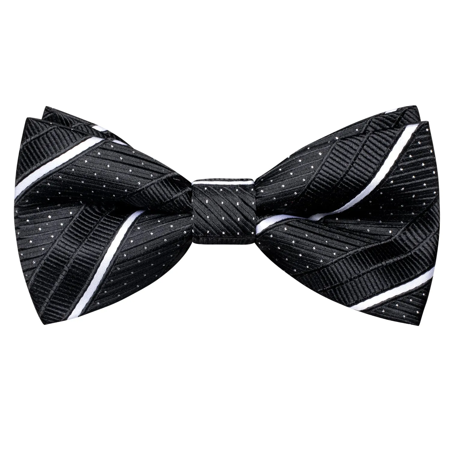 Hi-Tie Black White Strip Dot Silk Pre-tied Bow Tie Hanky Cufflinks Set