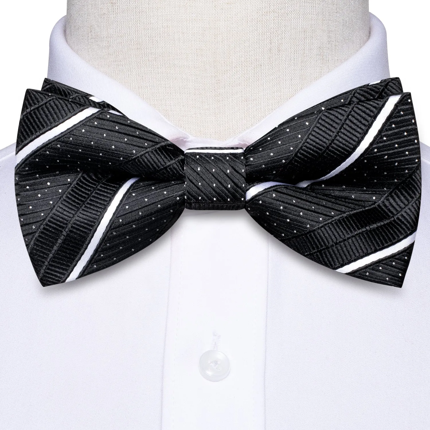 Hi-Tie Black White Strip Dot Silk Pre-tied Bow Tie Hanky Cufflinks Set