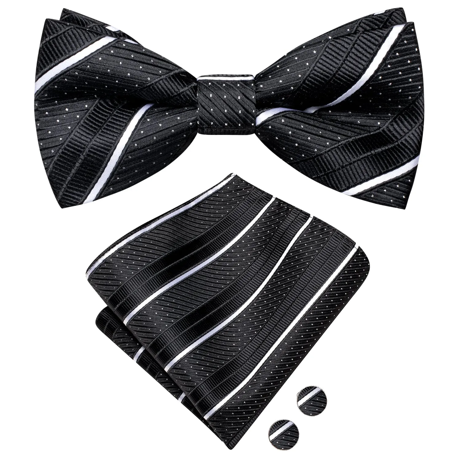 Hi-Tie Black White Strip Dot Silk Pre-tied Bow Tie Hanky Cufflinks Set