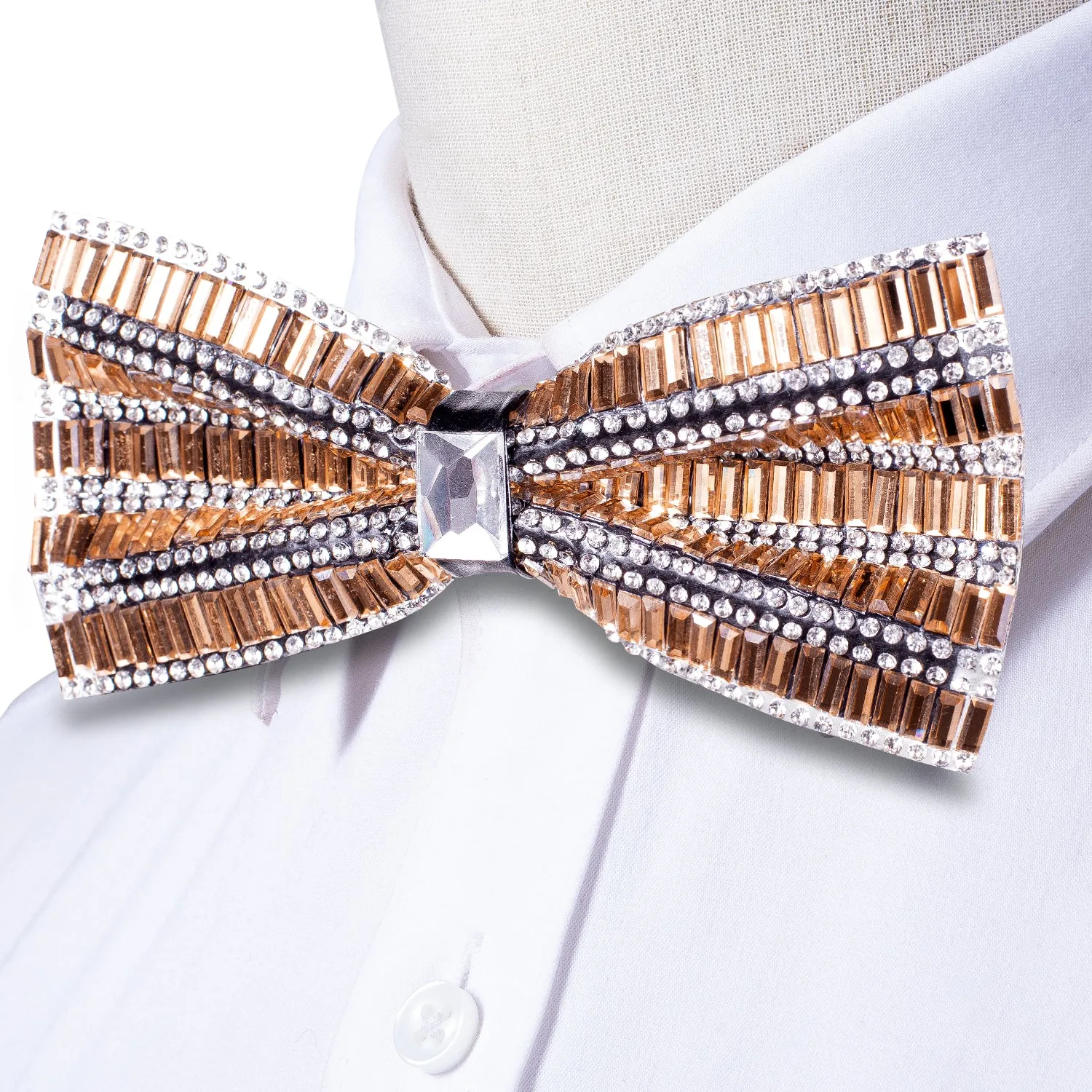 Hi-Tie Brown White Shining Rhinestone Pre-tied Adjustable Mens Bow Tie