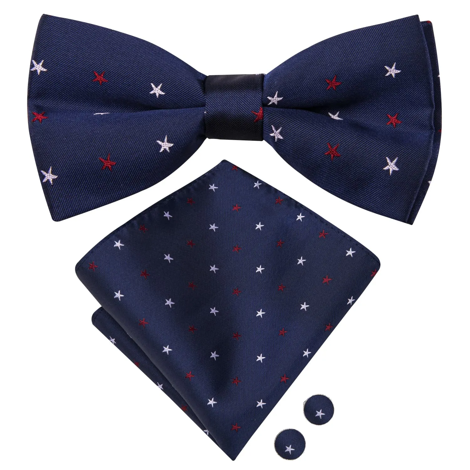 Hi-Tie Deep Blue Bowtie Red White Star Pattern Tie Hanky Cufflinks Set