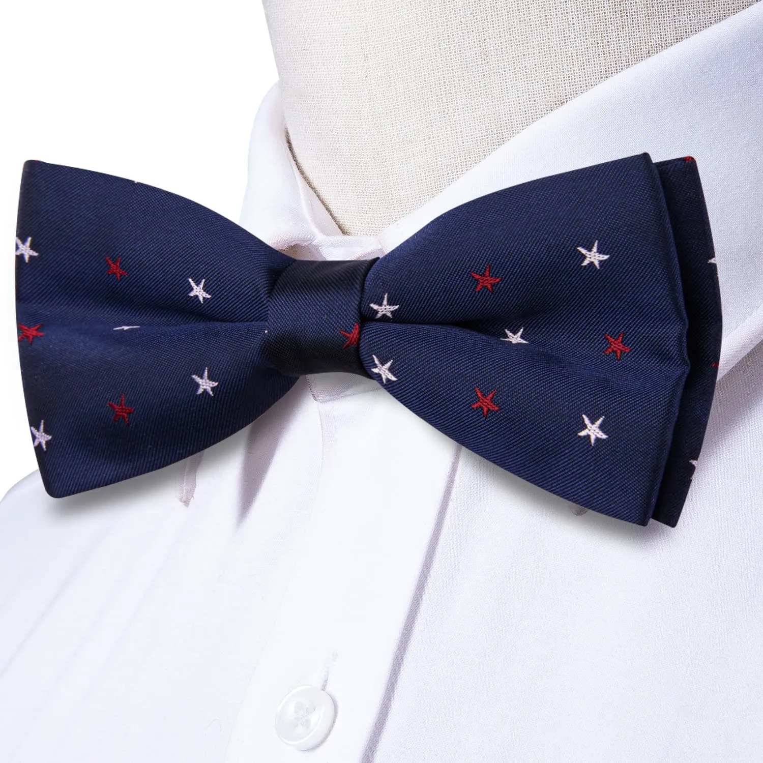 Hi-Tie Deep Blue Bowtie Red White Star Pattern Tie Hanky Cufflinks Set