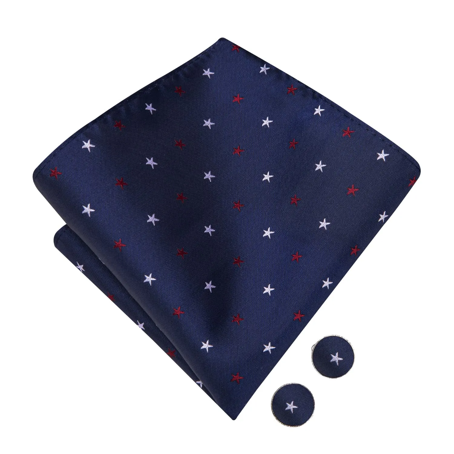 Hi-Tie Deep Blue Bowtie Red White Star Pattern Tie Hanky Cufflinks Set