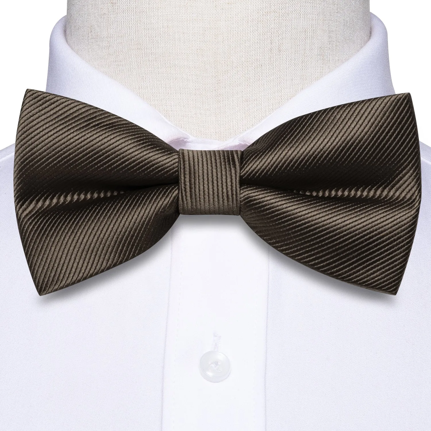 Hi-Tie Designer Bow Ties Brown Grey Striped Tie Hanky Cufflinks Set