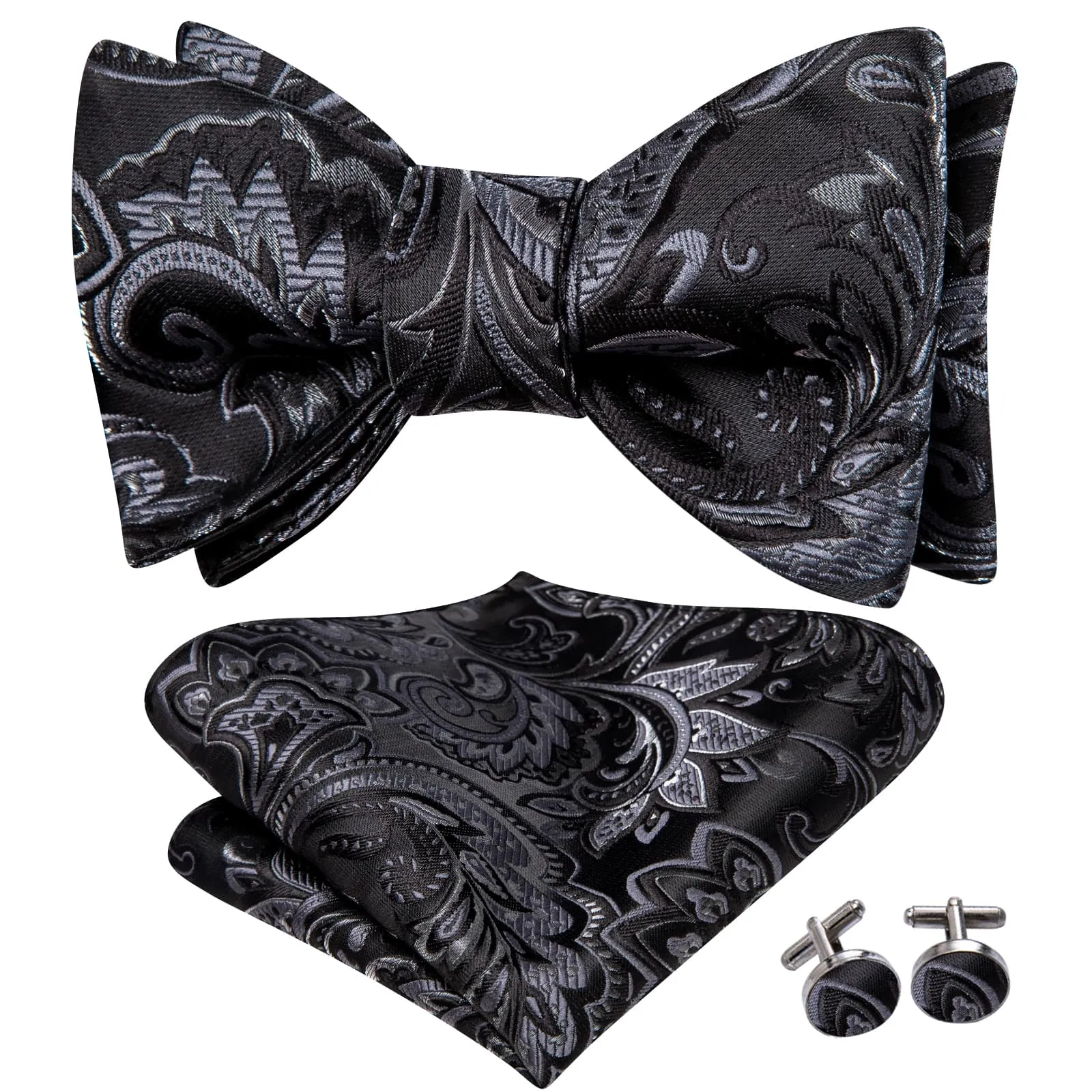 Hi-Tie Floral Bowtie Self-Tied Black Grey Men's Tie Set Formal Dress