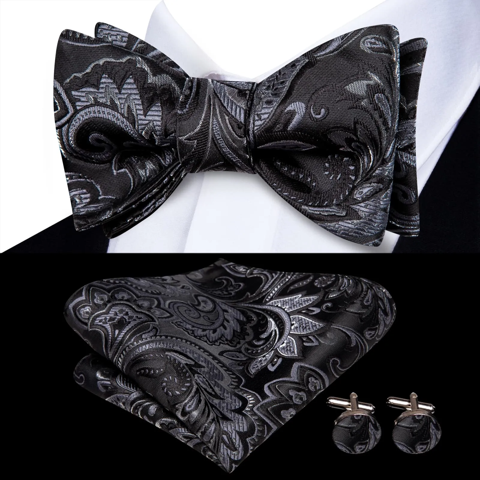 Hi-Tie Floral Bowtie Self-Tied Black Grey Men's Tie Set Formal Dress