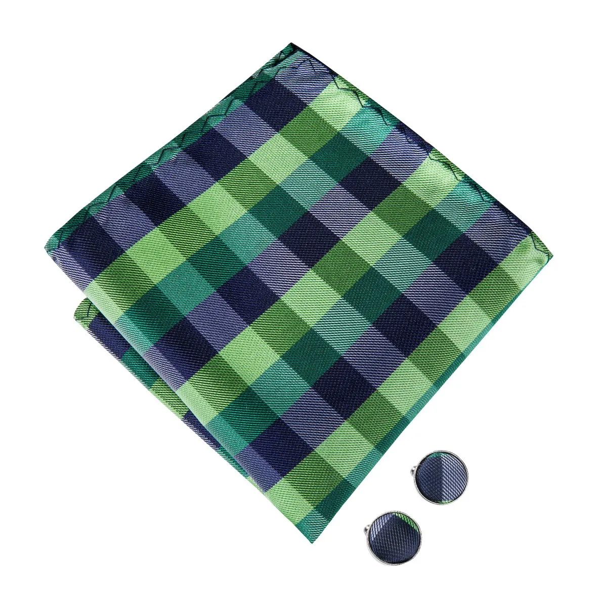 Hi-Tie Green Bow Tie Blue Plaid Pre-tied Bowtie Hanky Cufflinks Set