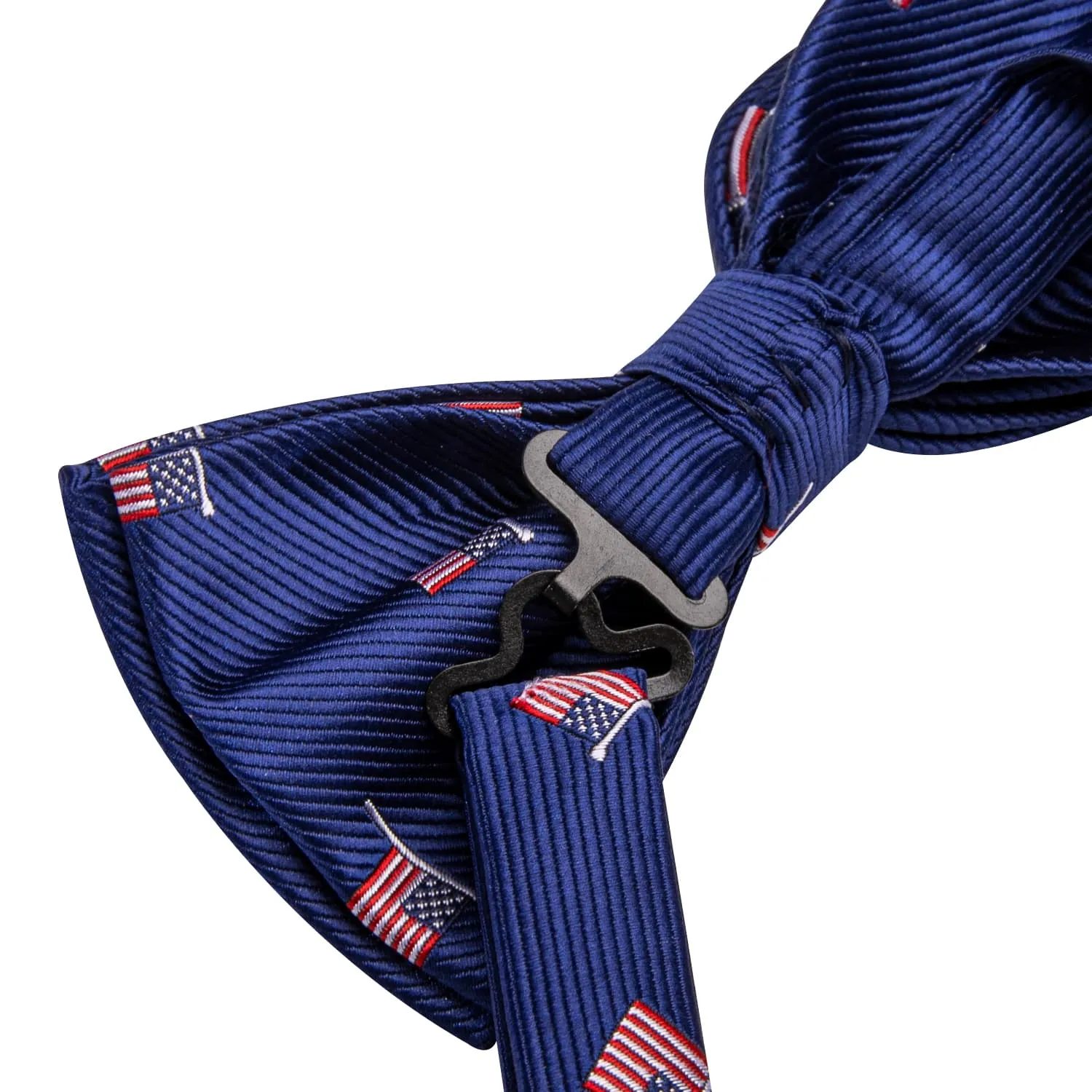 Hi-Tie Royal Blue Bowtie American Flag Pattern Tie Hanky Cufflinks Set