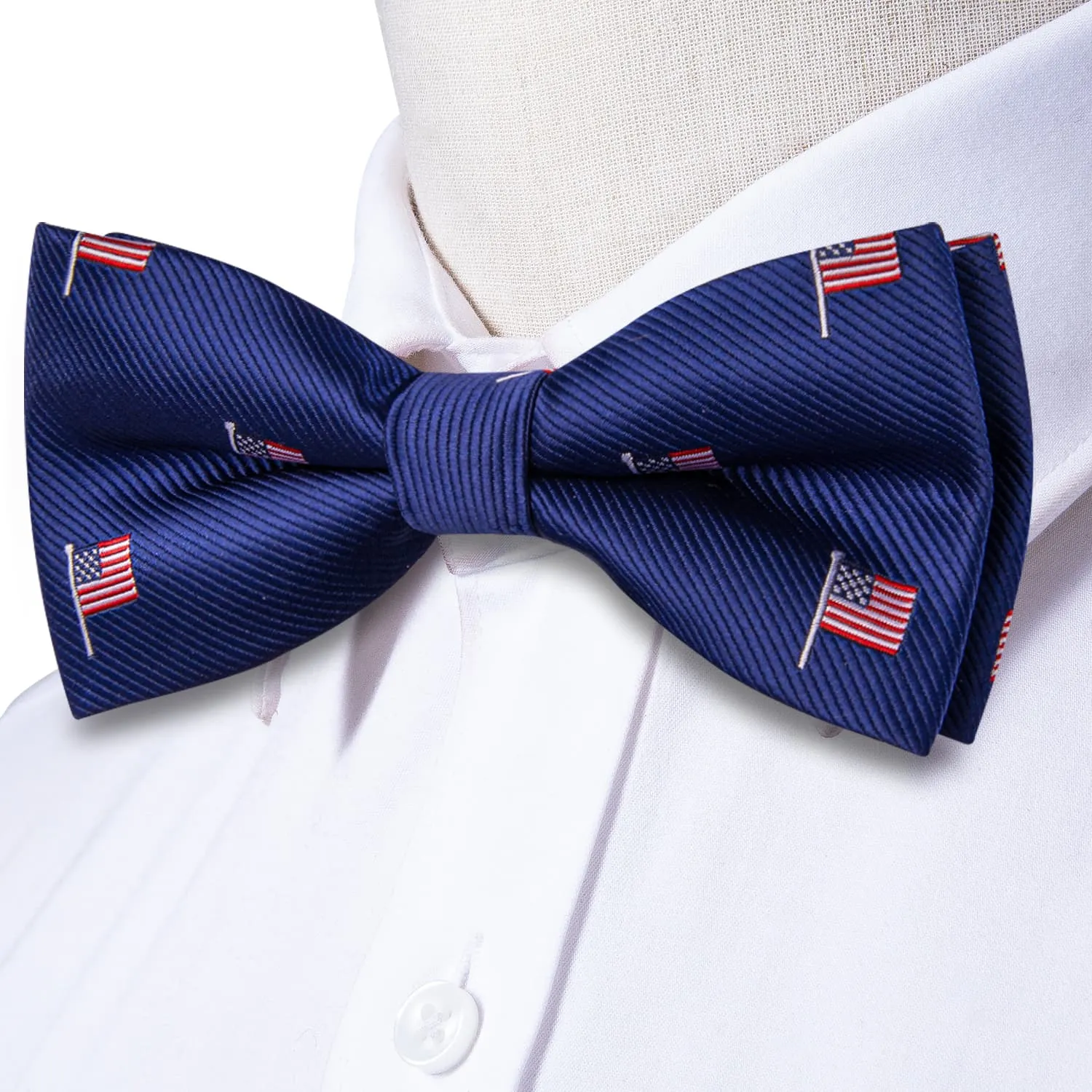 Hi-Tie Royal Blue Bowtie American Flag Pattern Tie Hanky Cufflinks Set