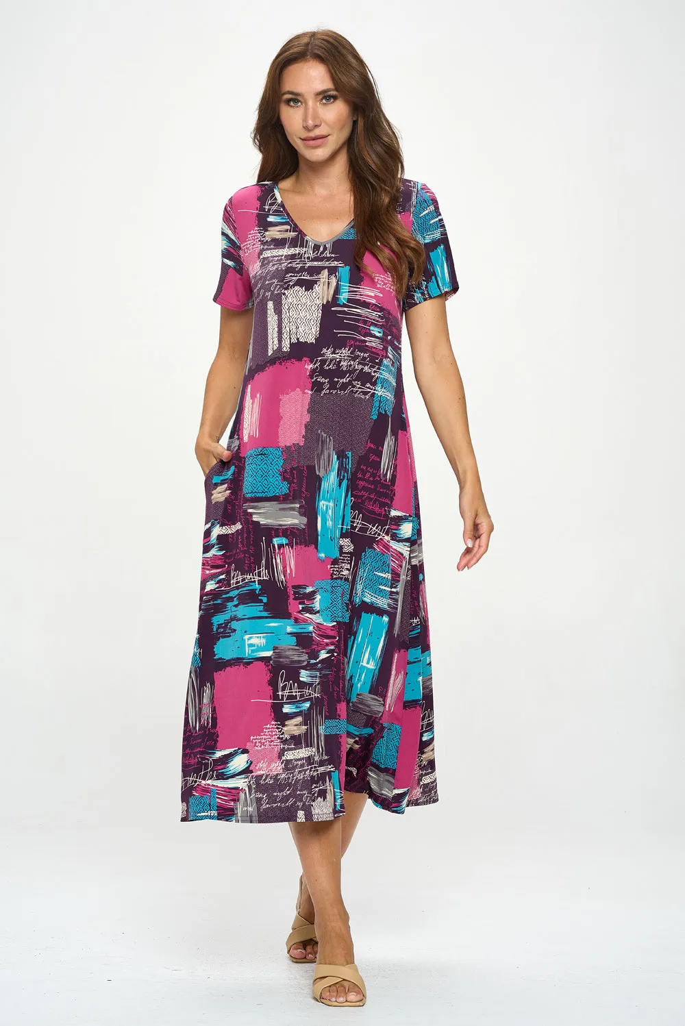 HIT V-Neck Long Dress W/Pocket-7085HT-SRP1-K-W420