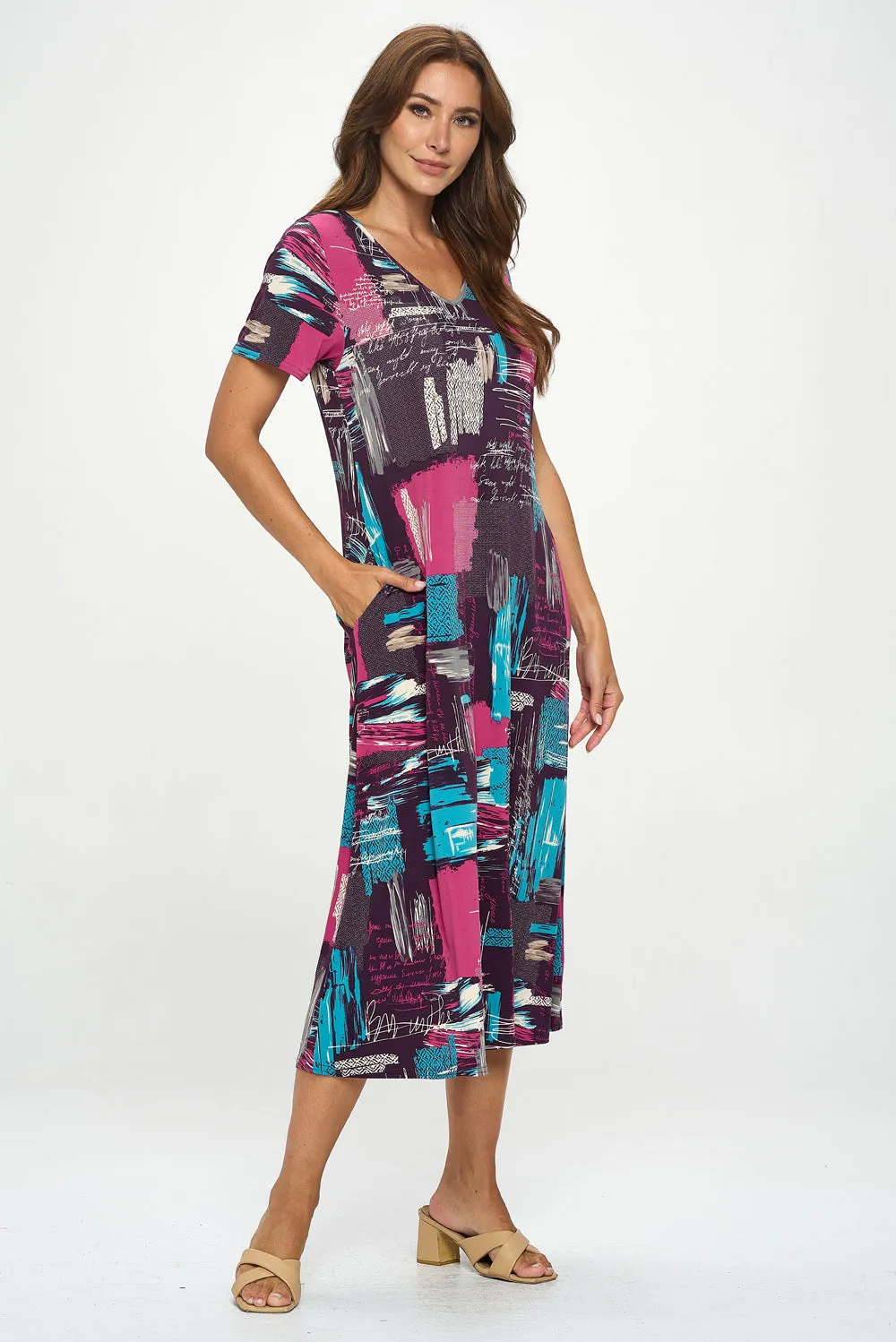 HIT V-Neck Long Dress W/Pocket-7085HT-SRP1-K-W420