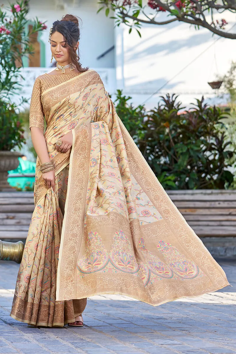 Hypnotic Beige Pashmina saree With Ideal Blouse Piece