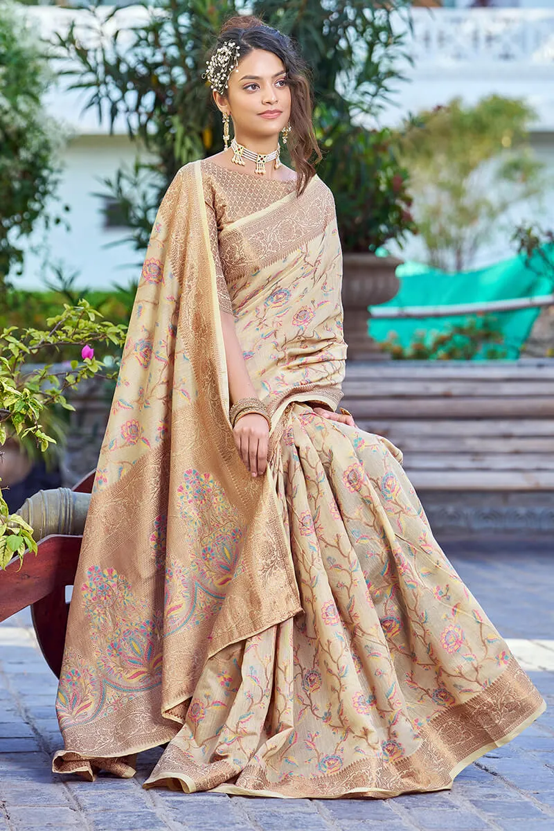 Hypnotic Beige Pashmina saree With Ideal Blouse Piece