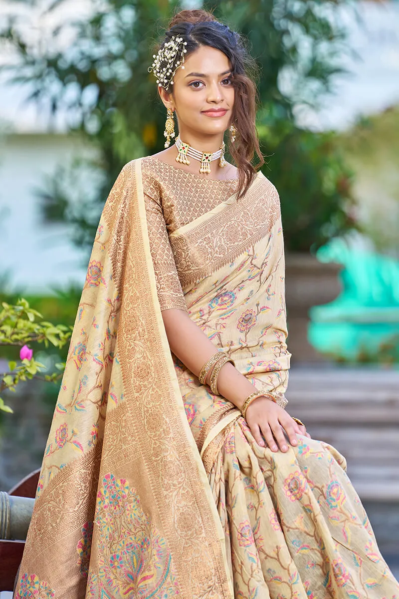 Hypnotic Beige Pashmina saree With Ideal Blouse Piece