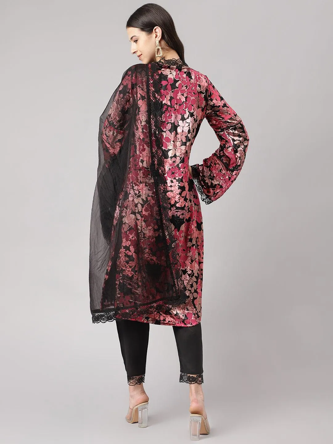 Jashvi Pink Burn out Velvat Kurta Haram Pant with Organza Dupatta