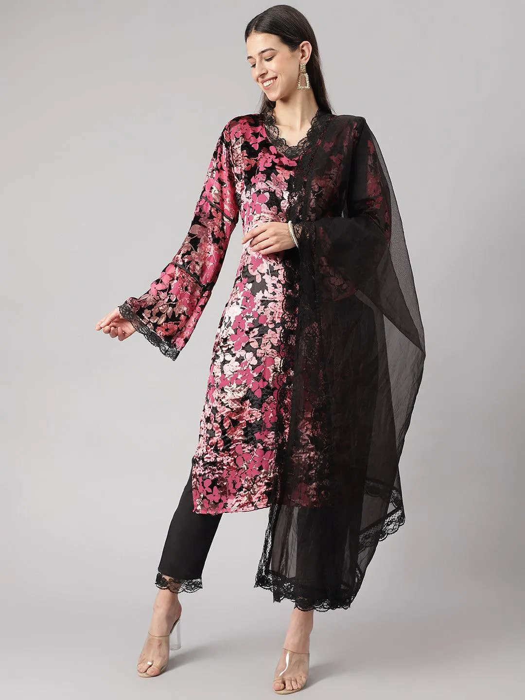 Jashvi Pink Burn out Velvat Kurta Haram Pant with Organza Dupatta